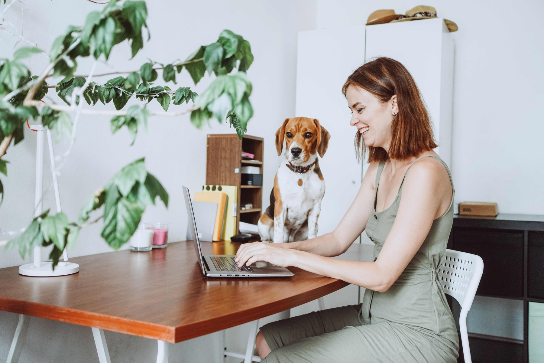 Woman Working from Home with Dog